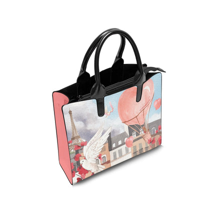 Fashion Square Tote Bag Love Up in a Hot Air Balloon, Paris, Eiffel Tower, Dove, Flowers, Girl, Sky, Hearts (Designed by Dunbi)