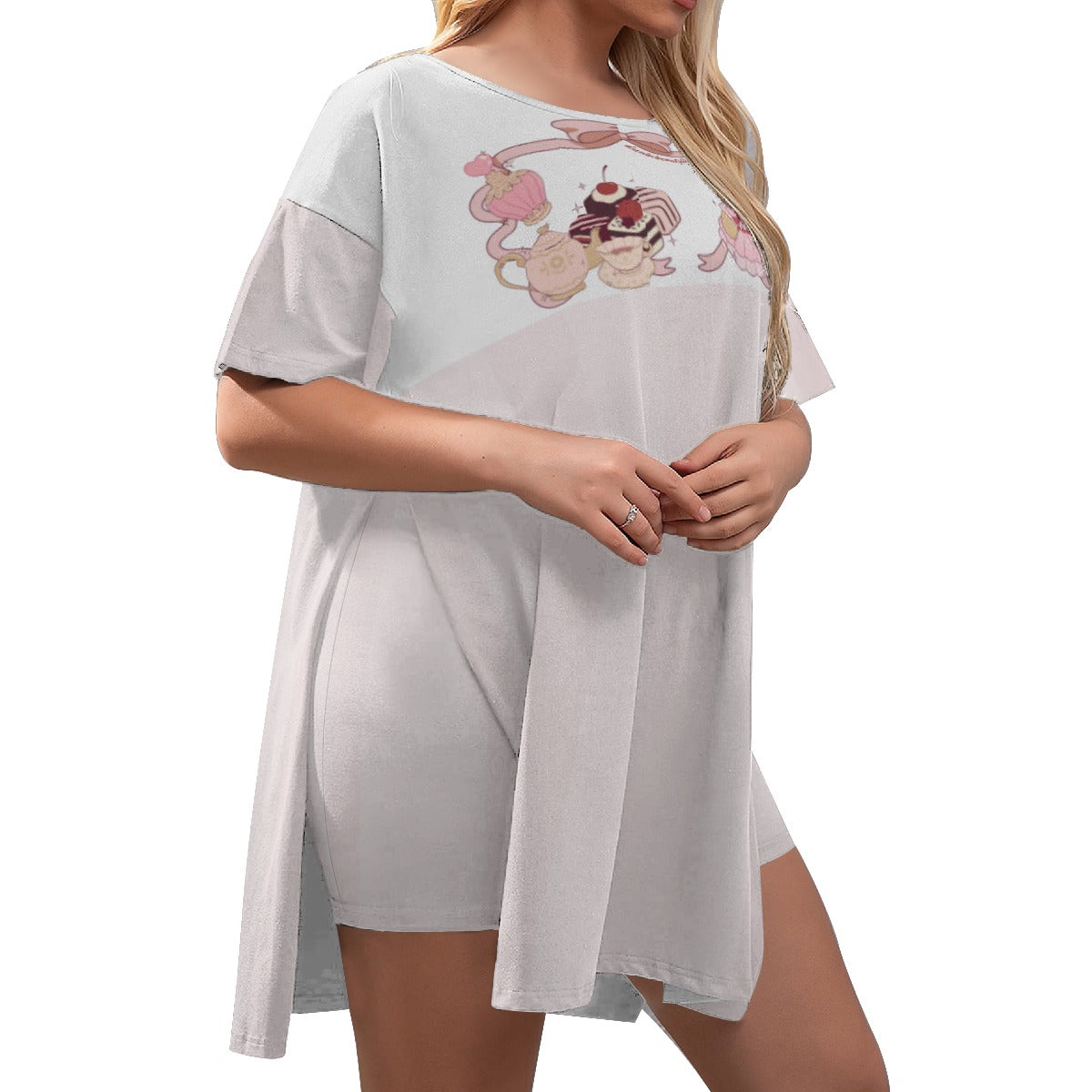 All-Over Print Women's Drop-Shoulder T-Shirt with Side Split and Shorts (Plus Size) Cute Teddy Bear, Tea Party, Ribbon, Bows, Cakes, Cute, Victorian, Doll, Cute Girl, Pink Style 1, Stripes (Designed by Dunbi)