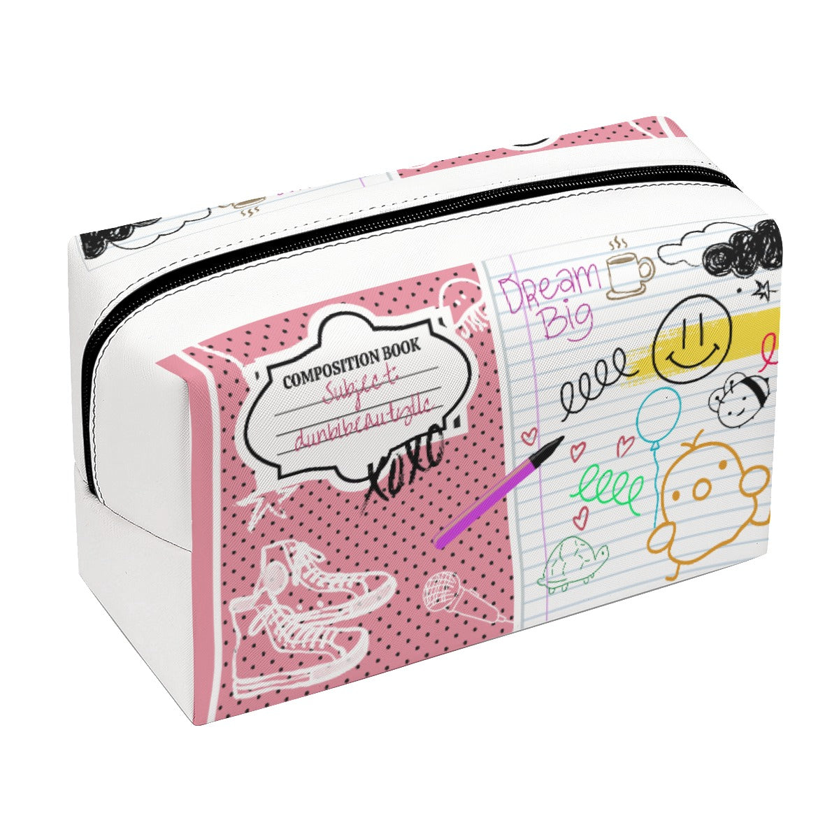 PU Cosmetic Bag Back to School, Composition Notebook Style, Doodles, Scribbles, Writing, Girl Pink (Designed by Dunbi)