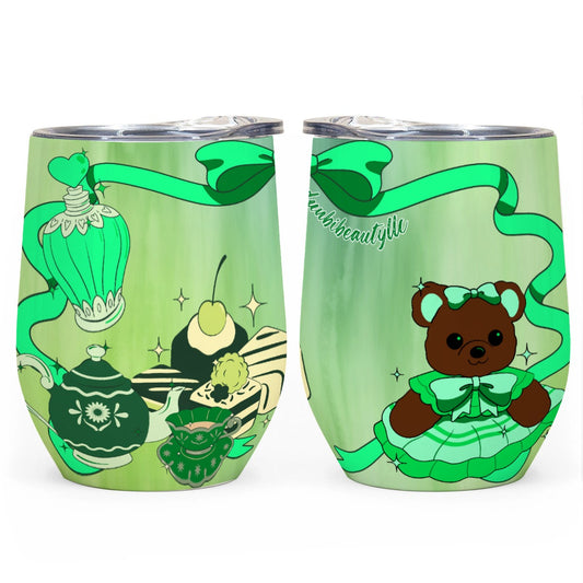 All-Over Print Egg Cup Wine Tumbler|12OZ Cute Teddy Bear, Tea Party, Ribbon, Bows, Cakes, Cute, Victorian, Doll, Cute Girl, Green Style 2 (Designed by Dunbi)