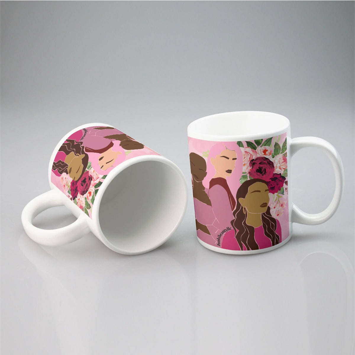 All-over print mug Unity, Hope, Pink, Hot Pink, Burgundy, Roses, Breast Cancer Awareness, Women, Black, Hispanic, White, Hair, Smooth (Designed by Dunbi)