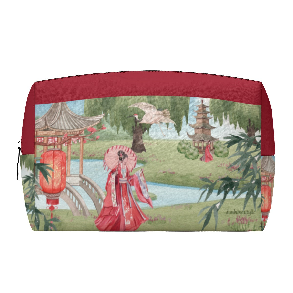 PU Cosmetic Bag Asian Garden, Beauty, Peace, Serenity, Home, Happiness, Crane, River, Historic, Chinese Dynasty, Hanfu, Red (Designed by Dunbi)