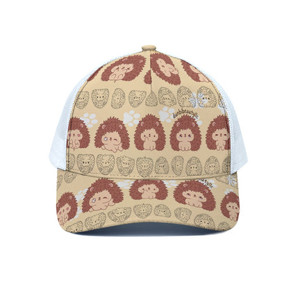 Unisex Peaked Cap With White Half-mesh Hedgehog, Kawaii, Animals, Paw Prints, Happy, Cute, Sleepy, Baby Animals, Brown, White (Designed by Dunbi)