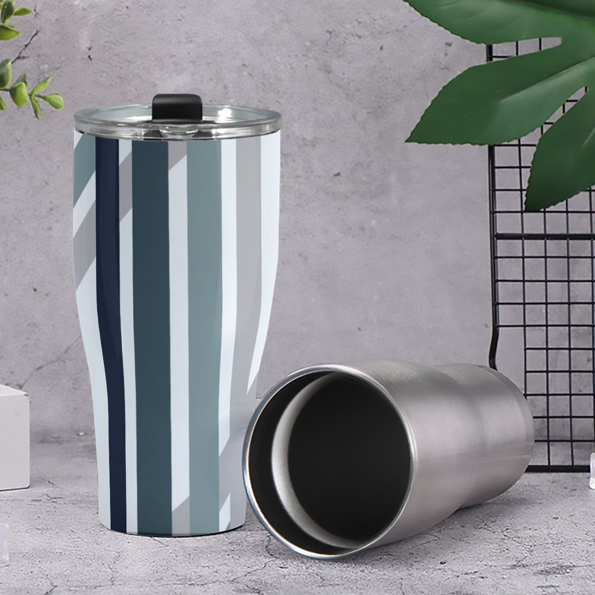 Cone Tumbler 30oz Blue Gray Tone Geometric Line Print (Designed by Dunbi)