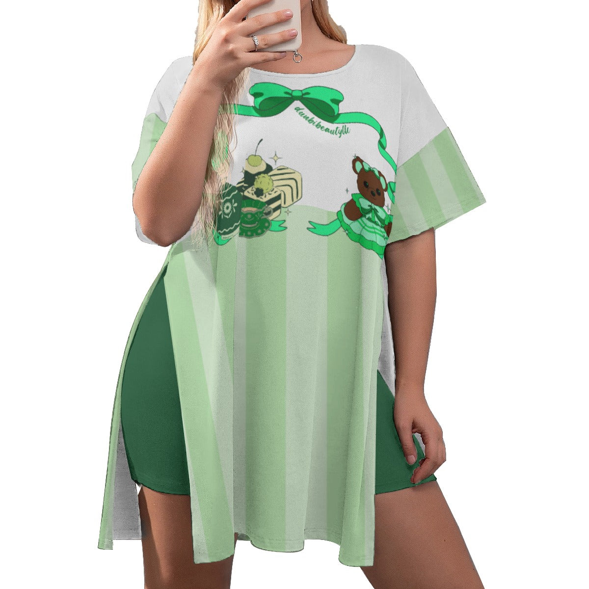 All-Over Print Women's Drop-Shoulder T-Shirt with Side Split and Shorts (Plus Size) Cute Teddy Bear, Tea Party, Ribbon, Bows, Cakes, Cute, Victorian, Doll, Cute Girl, Green Style 1, Stripes (Designed by Dunbi)