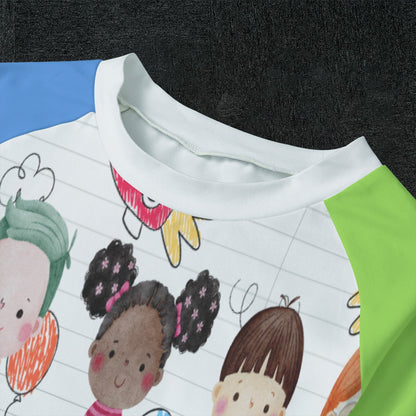 All-Over Print Kid's Sleep Pajamas Kids, Notebook, Rocket, Sun, Smiley, School Bus, Tree, Flowers, Hearts, Clouds, Nature, Children, Boys, Girls, Friendship (Designed by Dunbi)