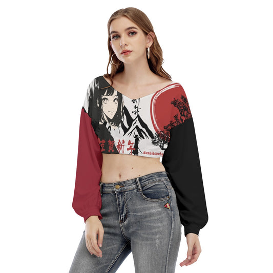 All-Over Print Women's V-neck Long Sleeve Cropped Sweatshirt Japan, Japanese, Red, Samurai, Pretty Girl, Tiger, Kanji, Mountains (Designed by Dunbi)