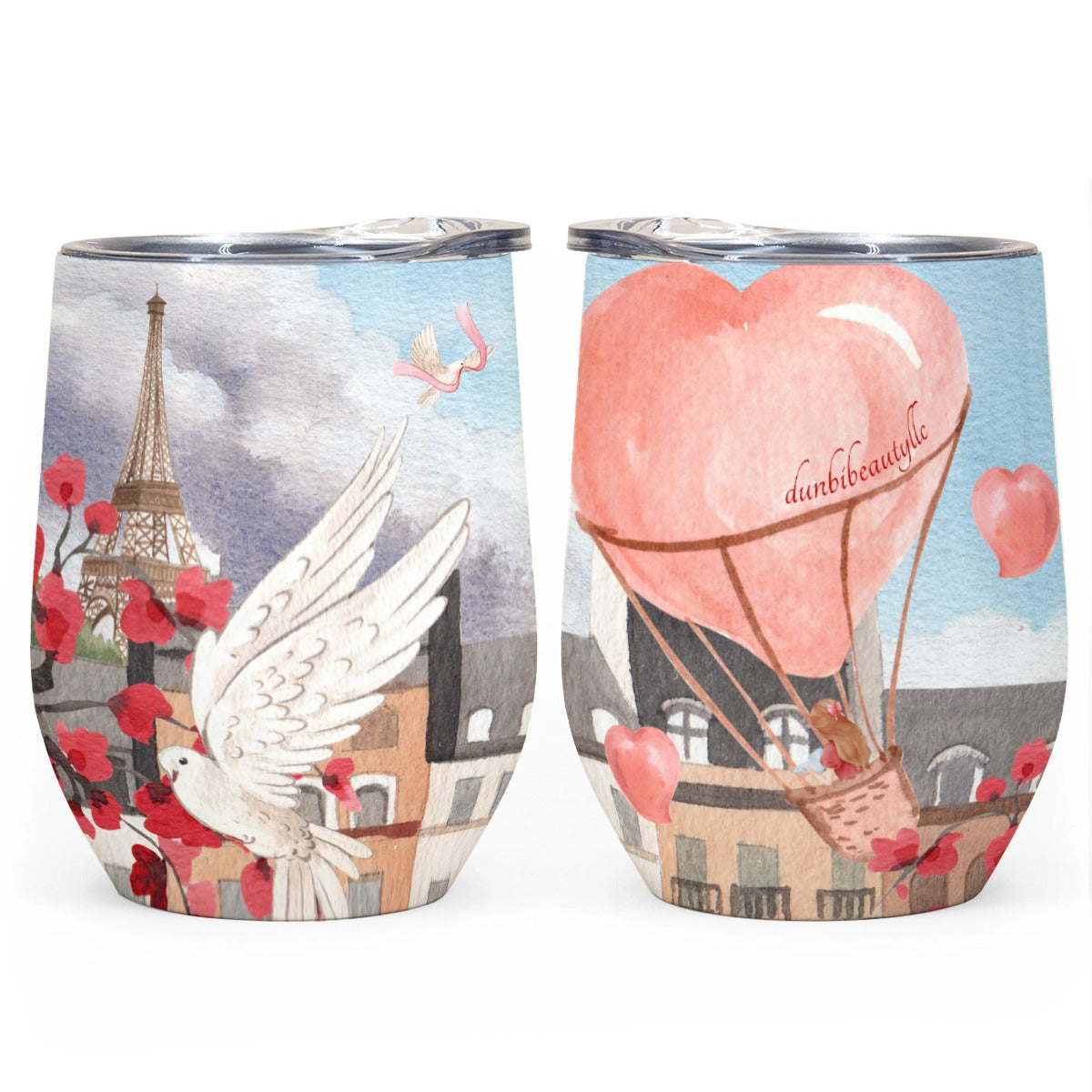 All-Over Print Egg Cup Wine Tumbler|12OZ Love Up in a Hot Air Balloon, Paris, Eiffel Tower, Dove, Flowers, Girl, Sky, Hearts (Designed by Dunbi)