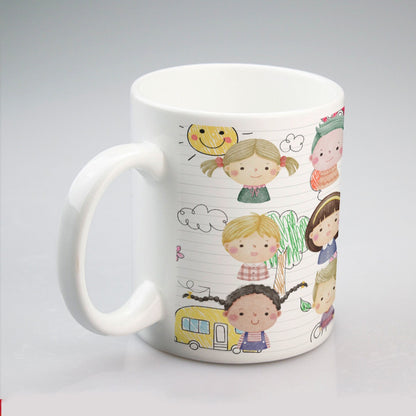 All-over print mug Kids, Notebook, Rocket, Sun, Smiley, School Bus, Tree, Flowers, Hearts, Clouds, Nature, Children, Boys, Girls, Friendship (Designed by Dunbi)