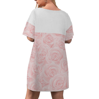 All-Over Print Women's Drop-Shoulder T-Shirt with Side Split and Shorts (Plus Size) Cute Teddy Bear, Tea Party, Ribbon, Bows, Cakes, Cute, Victorian, Doll, Cute Girl, Pink Style 2, Roses (Designed by Dunbi)