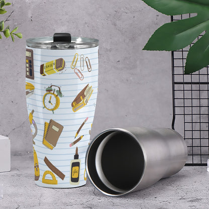 Cone Tumbler 30oz Back to School, Teacher, Student, Notebooks, School Supplies, Backpack, Brown, Gold, Gray, Notebook Paper (Designed by Dunbi)