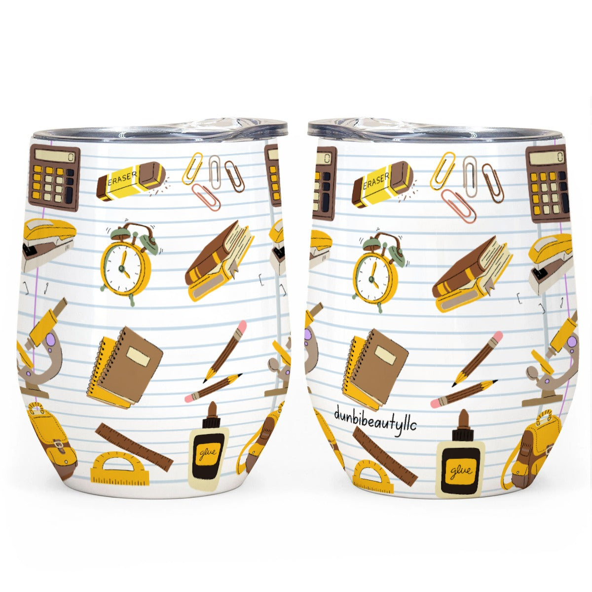 All-Over Print Egg Cup Wine Tumbler|12OZ Back to School, Teacher, Student, Notebooks, School Supplies, Backpack, Brown, Gold, Gray, Notebook Paper (Designed by Dunbi)