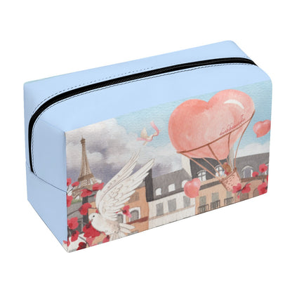 PU Cosmetic Bag Love Up in a Hot Air Balloon, Paris, Eiffel Tower, Dove, Flowers, Girl, Sky, Hearts, Baby Blue (Designed by Dunbi)