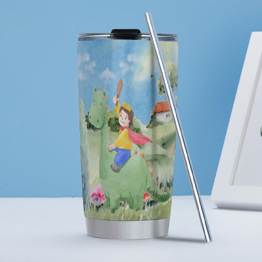 Tumbler 20oz (with Straw) Boy, Watercolor, Castle, Dragon, Garden, Prince, Crown, Cape, Wooden Sword, Clouds (Designed by Dunbi)