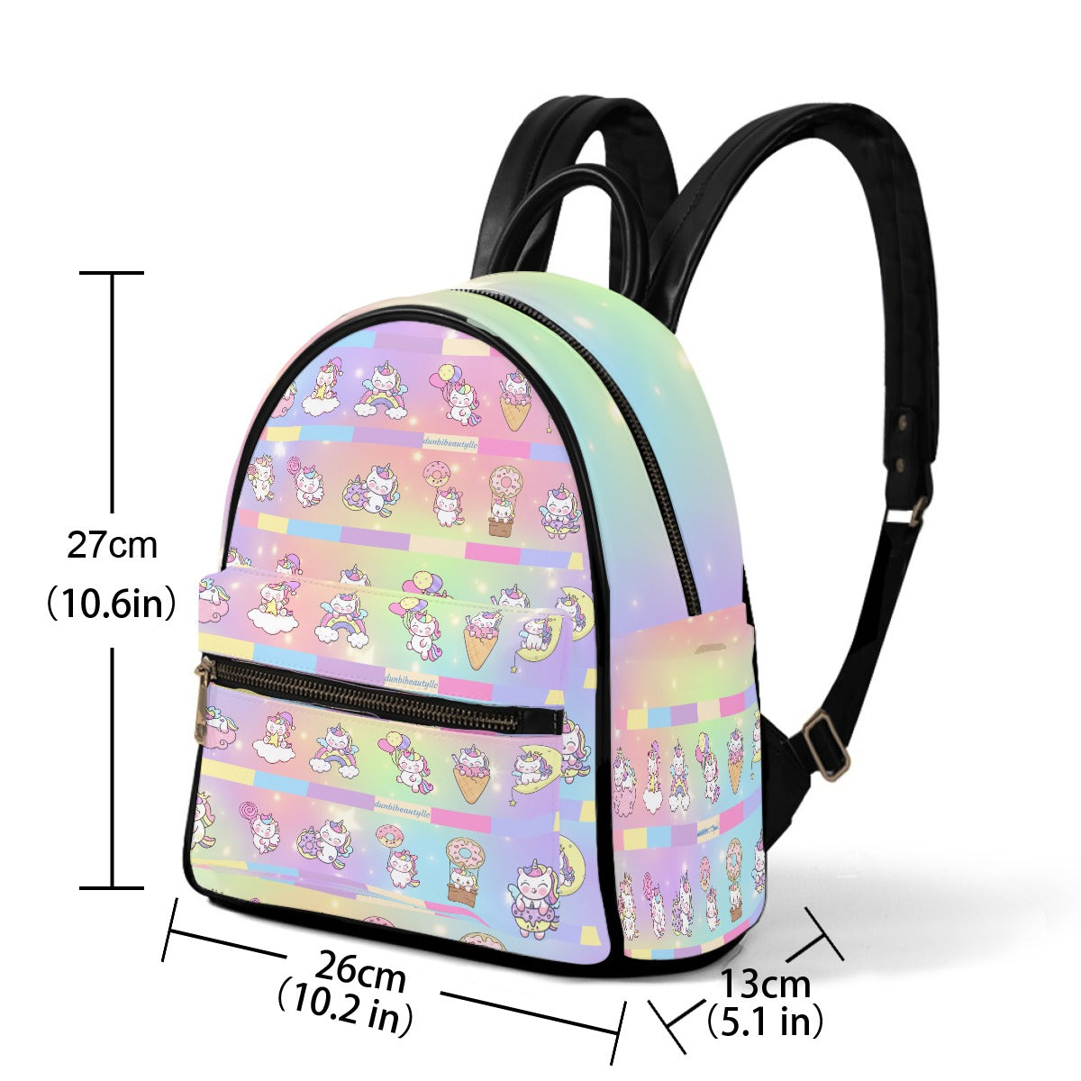 Small Size Backpack Kawaii Unicorn, Pastel Rainbow, Clouds, Pink, Purple, Blue, Yellow, Sleepy Unicorn, Hungry Unicorn, Moon, Candy, Donuts, Ice Cream (Designed by Dunbi)