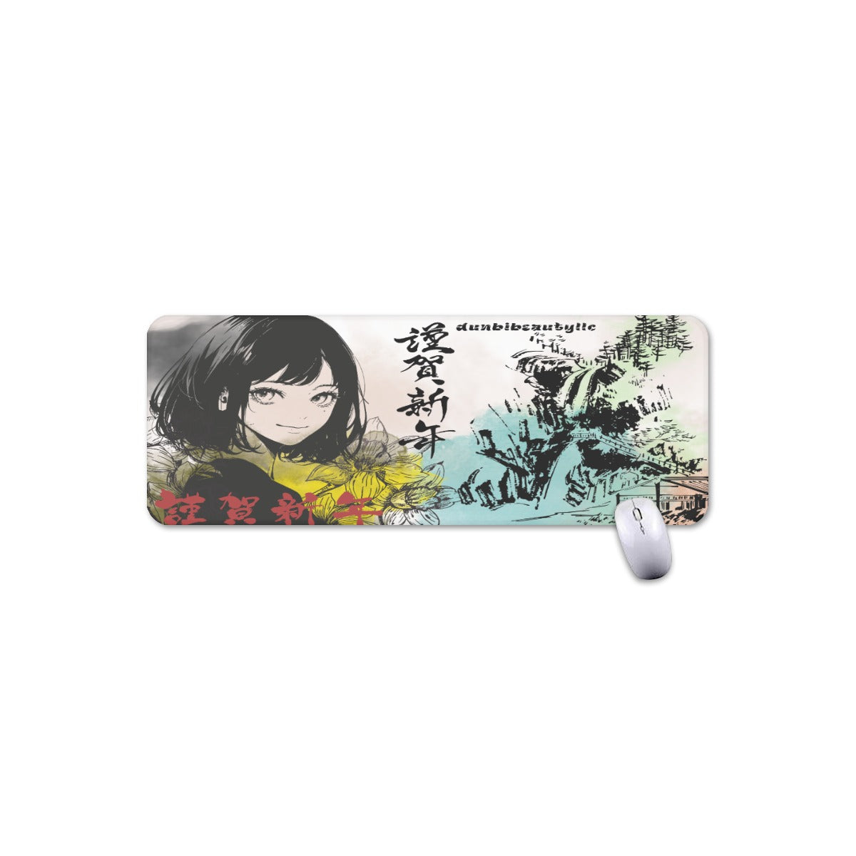 Mouse Pad Plus Size Japan, Japanese, Red, Blue, Green, Yellow, Architecture, Pretty Girl, Tiger, Kanji, Nature, Mountain, Watercolor (Designed by Dunbi)