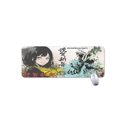 Mouse Pad Plus Size Japan, Japanese, Red, Blue, Green, Yellow, Architecture, Pretty Girl, Tiger, Kanji, Nature, Mountain, Watercolor (Designed by Dunbi)