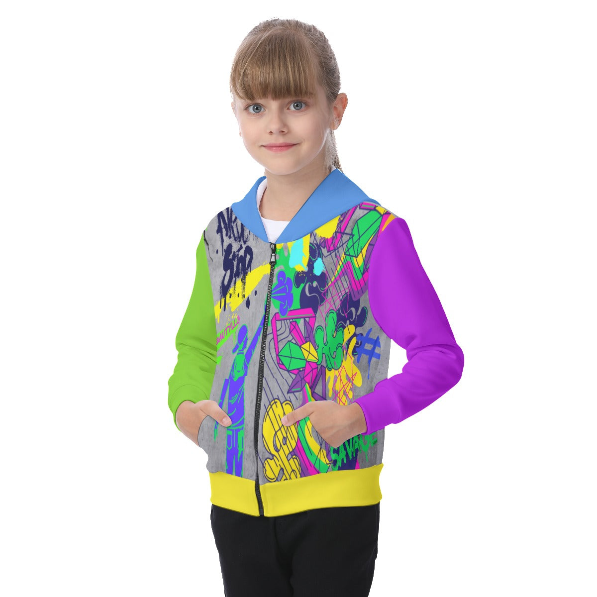 All-Over Print Kid's Zip-up Hoodie With Patch Pocket Graffiti, Paint, Art, Spray Painting, Don't Give Up, Inspirational, Motivational (Designed by Dunbi)