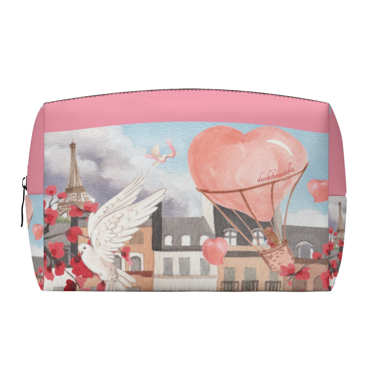 PU Cosmetic Bag Love Up in a Hot Air Balloon, Paris, Eiffel Tower, Dove, Flowers, Girl, Sky, Hearts, Baby Pink w/Side Images (Designed by Dunbi)