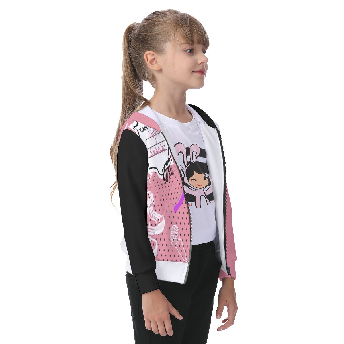 All-Over Print Kid's Zip-up Hoodie With Patch Pocket Back to School, Composition Notebook Style, Doodles, Scribbles, Writing, Girl, Pink (Designed by Dunbi)