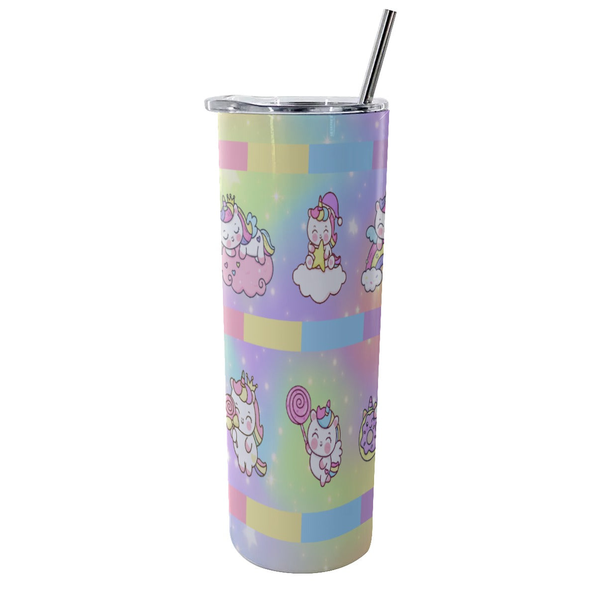 Glitter Tumbler With Stainless Steel Straw 20oz Kawaii Unicorn, Pastel Rainbow, Clouds, Pink, Purple, Blue, Yellow, Sleepy Unicorn, Hungry Unicorn, Moon, Candy, Donuts, Ice Cream (Designed by Dunbi)