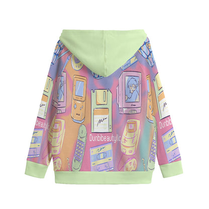 All-Over Print Kid's Zip Up Raglan Sleeve Hoodie | 310GSM Cotton Kawaii, Retro, Anime, 90's Themed, Sherbet Colors, Pastel (Designed by Dunbi)