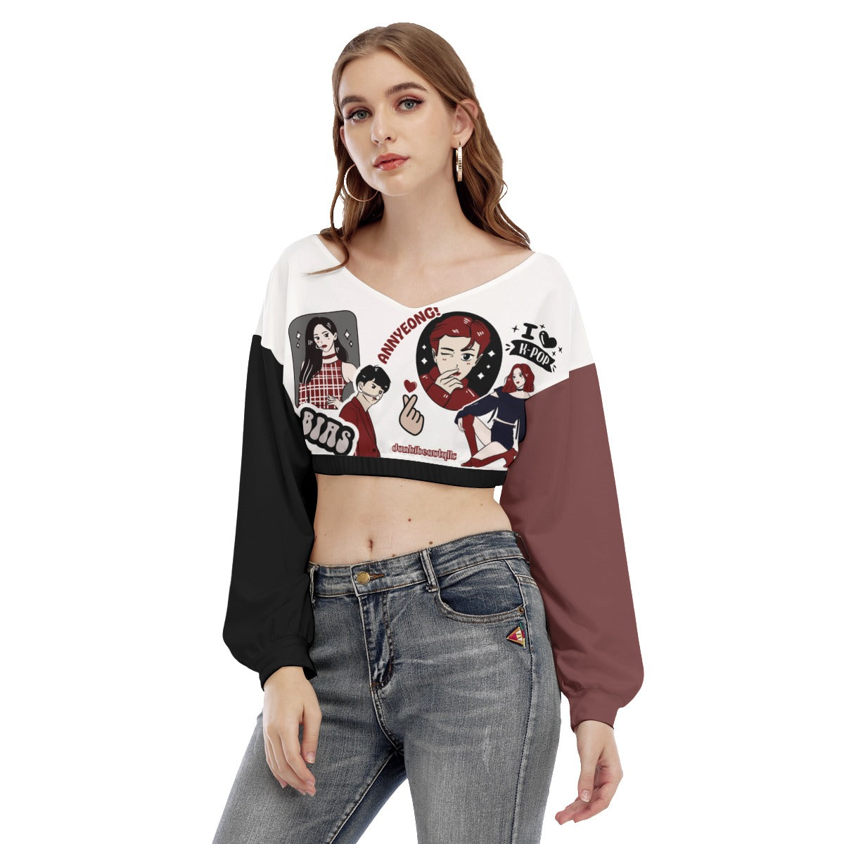 All-Over Print Women's V-neck Long Sleeve Cropped Sweatshirt Kpop Inspired, Itzy, BTS, BLACKPINK, Annyeong, Bias, I Love Kpop, Marble, Black and Red, Idol Ryujin, Jin (Designed by Dunbi)