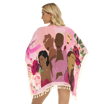 All-Over Print Women's Square Fringed Shawl Unity, Hope, Pink, Hot Pink, Burgundy, Roses, Breast Cancer Awareness, Women, Black, Hispanic, White, Hair, Smooth (Designed by Dunbi)