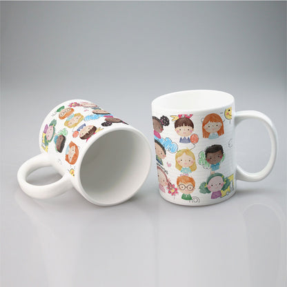 All-over print mug Kids, Notebook, Rocket, Sun, Smiley, School Bus, Tree, Flowers, Hearts, Clouds, Nature, Children, Boys, Girls, Friendship (Designed by Dunbi)