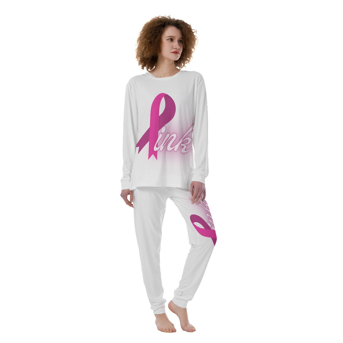 Women's Long Sleeve Pajamas Set White and Pink Breast Cancer Awareness (Designed by Dunbi) Yoycol