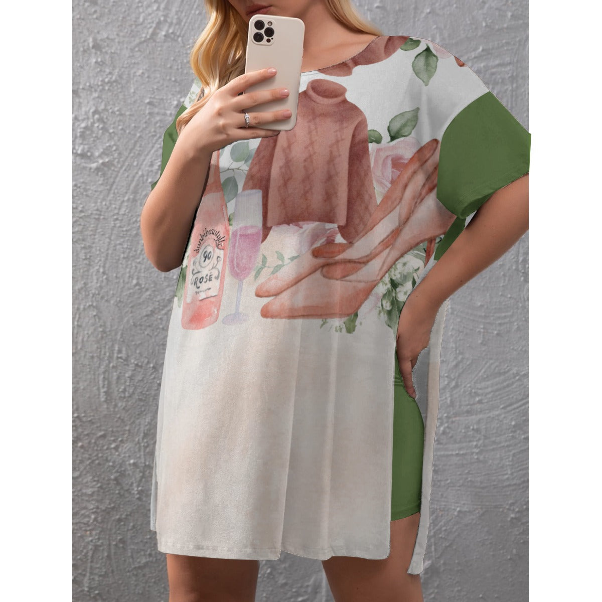 All-Over Print Women's Drop-Shoulder T-Shirt with Side Split and Shorts (Plus Size)  Dusty Rose, Pink, Perfume, High Heels Champagne & Roses, Aesthetic, Feminine, Fashion Green (Designed by Dunbi)