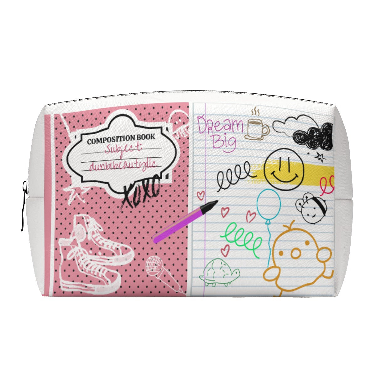 PU Cosmetic Bag Back to School, Composition Notebook Style, Doodles, Scribbles, Writing, Girl Pink (Designed by Dunbi)