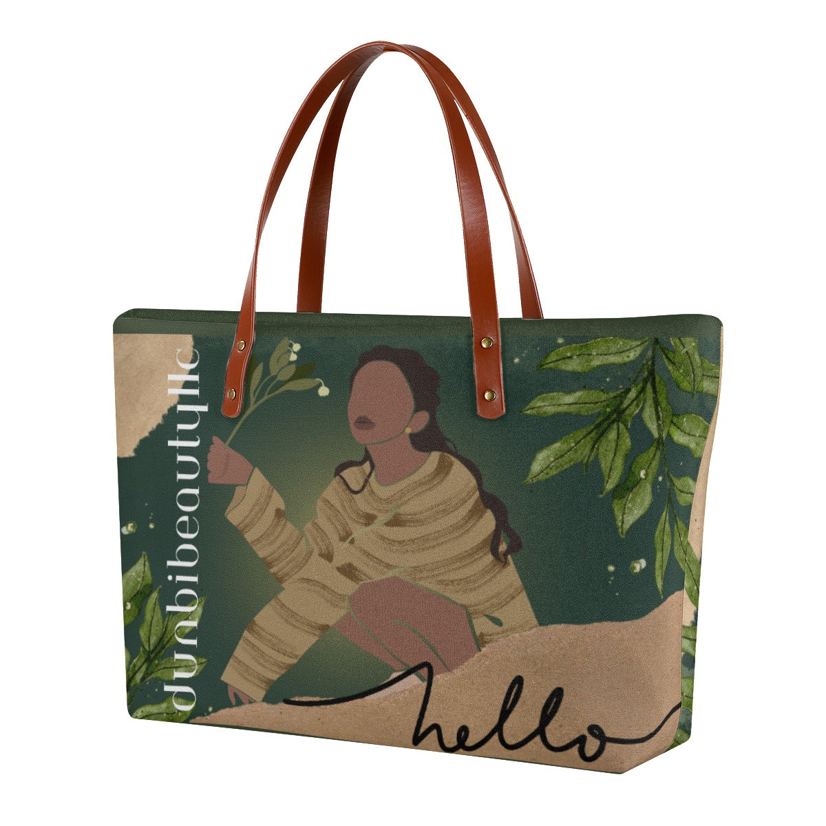 Women's Tote Bag | Diving Cloth Black Woman with Flowers, Green, Grace, Beauty (Designed by Dunbi)