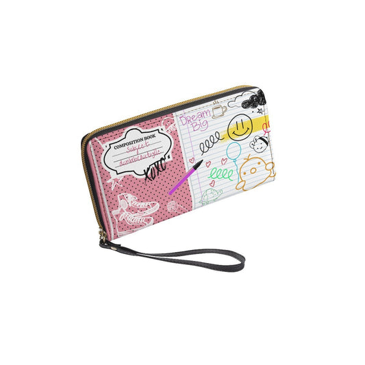 Long Wallet With Black Hand Strap Back to School, Composition Notebook Style, Doodles, Scribbles, Writing, Girl, Pink (Designed by Dunbi)