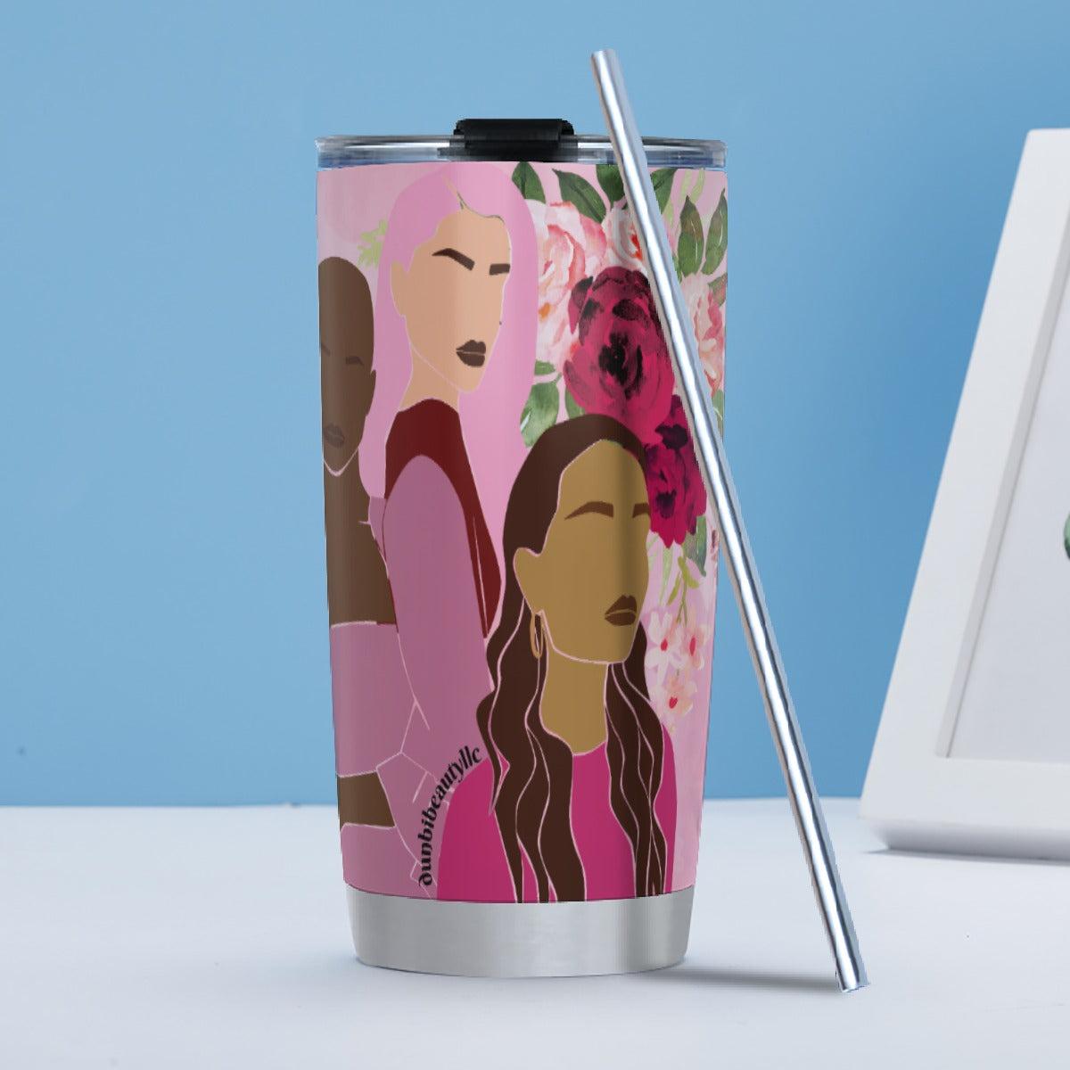 Tumbler 20oz (with Straw) Unity, Hope, Pink, Hot Pink, Burgundy, Roses, Breast Cancer Awareness, Women, Black, Hispanic, White, Hair, Smooth (Designed by Dunbi)