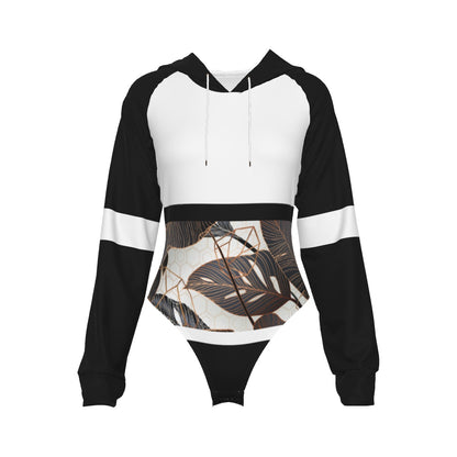 All-Over Print Women's Raglan Sleeve Hooded Bodysuit  Black, White, Gold, Black Gradient Leaves, Stripes, 90s Inspired (Designed by Dunbi)