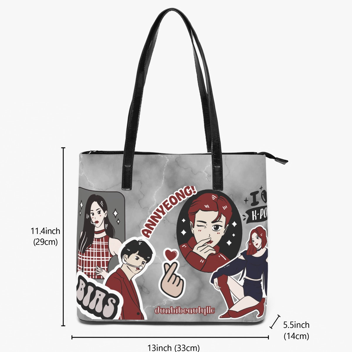 Double-Side Printing PU Tote Bag Kpop Inspired, Itzy, BTS, BLACKPINK, Annyeong, Bias, I Love Kpop, Marble, Black and Red, Idol Ryujin, Jin (Designed by Dunbi)