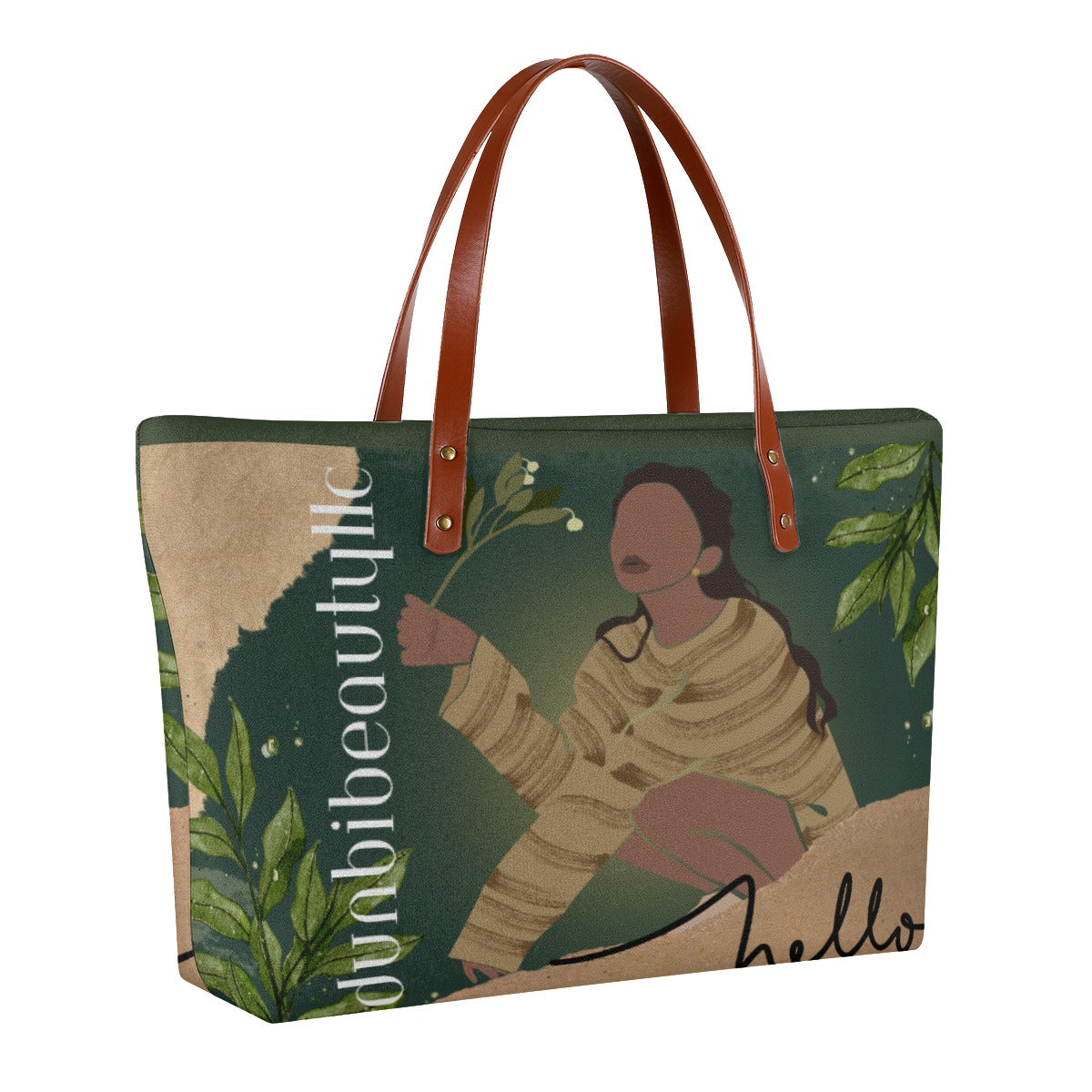 Women's Tote Bag | Diving Cloth Black Woman with Flowers, Green, Grace, Beauty (Designed by Dunbi)