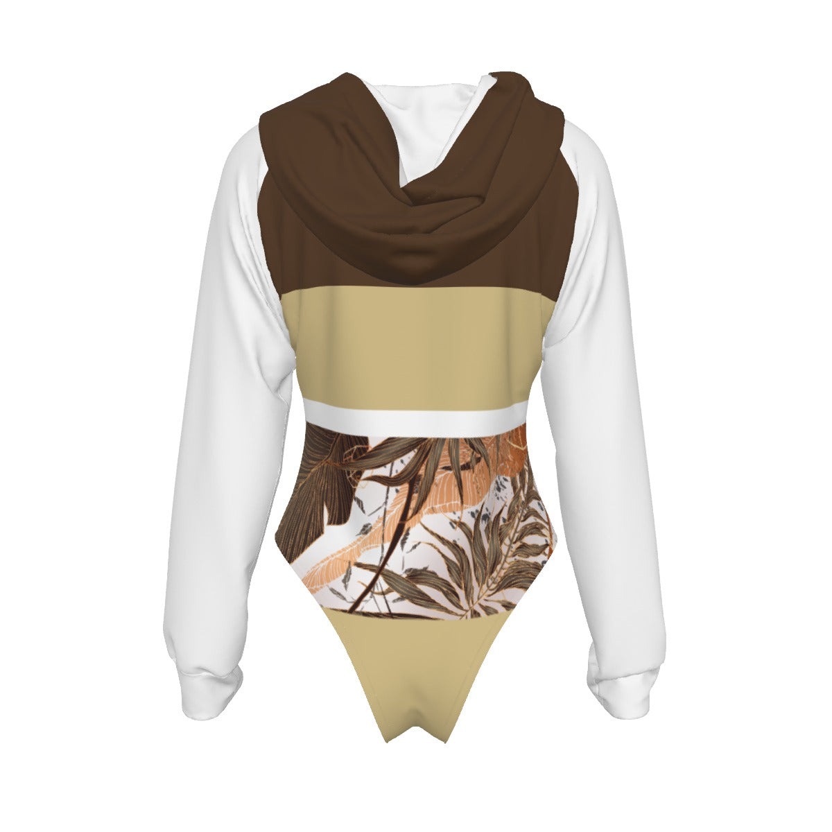 All-Over Print Women's Raglan Sleeve Hooded Bodysuit Dark Brown (Chest, Upper Back and Hood), Beige, White, Copper Gradient Leaves, Tropical, Rustic (Designed by Dunbi)