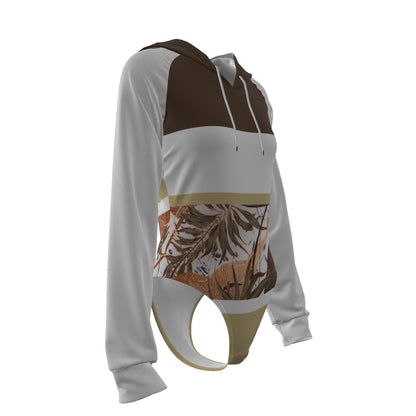 All-Over Print Women's Raglan Sleeve Hooded Bodysuit Dark Brown (Chest, Upper Back and Hood), Beige, White, Copper Gradient Leaves, Tropical, Rustic (Designed by Dunbi)