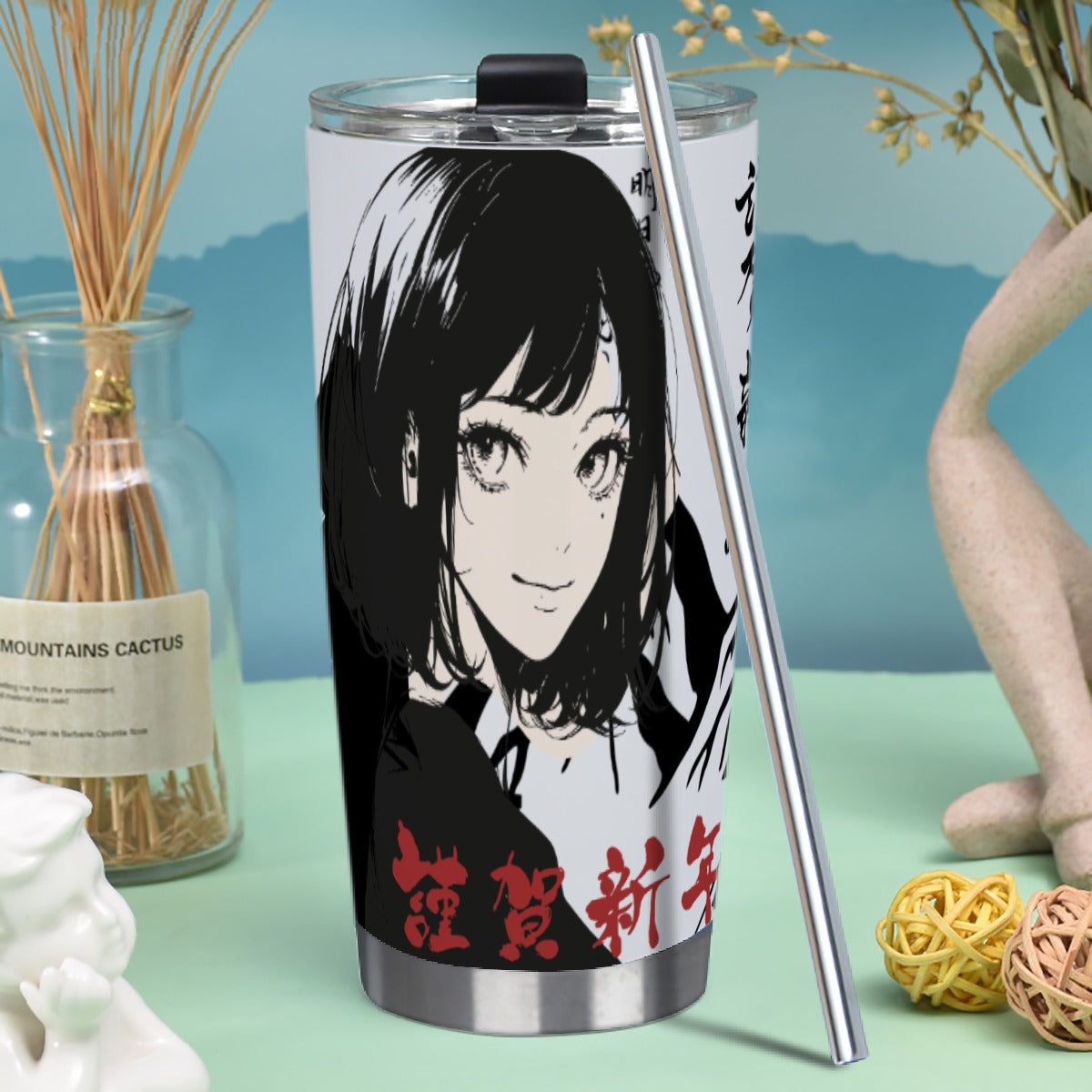 Tumbler 20oz (with Straw) Japan, Japanese, Red, Samurai, Pretty Girl, Tiger, Kanji, Mountains (Designed by Dunbi)