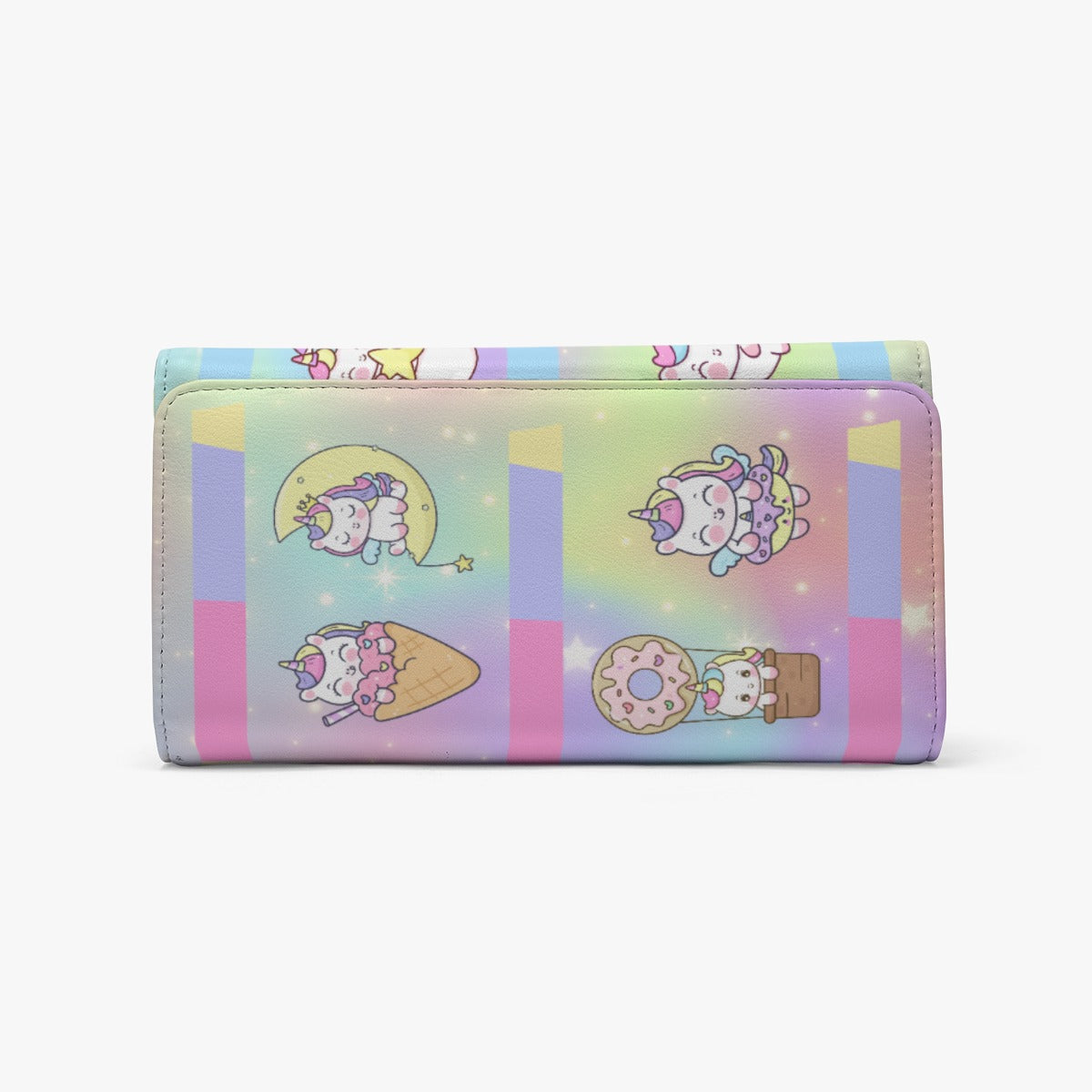 Foldable Wallet Kawaii Unicorn, Pastel Rainbow, Clouds, Pink, Purple, Blue, Yellow, Sleepy Unicorn, Hungry Unicorn, Moon, Candy, Donuts, Ice Cream (Designed by Dunbi)