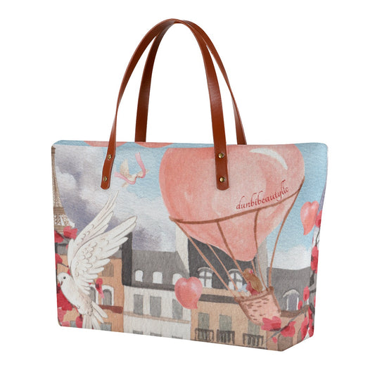 Women's Tote Bag | Diving Cloth Love Up in a Hot Air Balloon, Paris, Eiffel Tower, Dove, Flowers, Girl, Sky, Hearts (Designed by Dunbi)