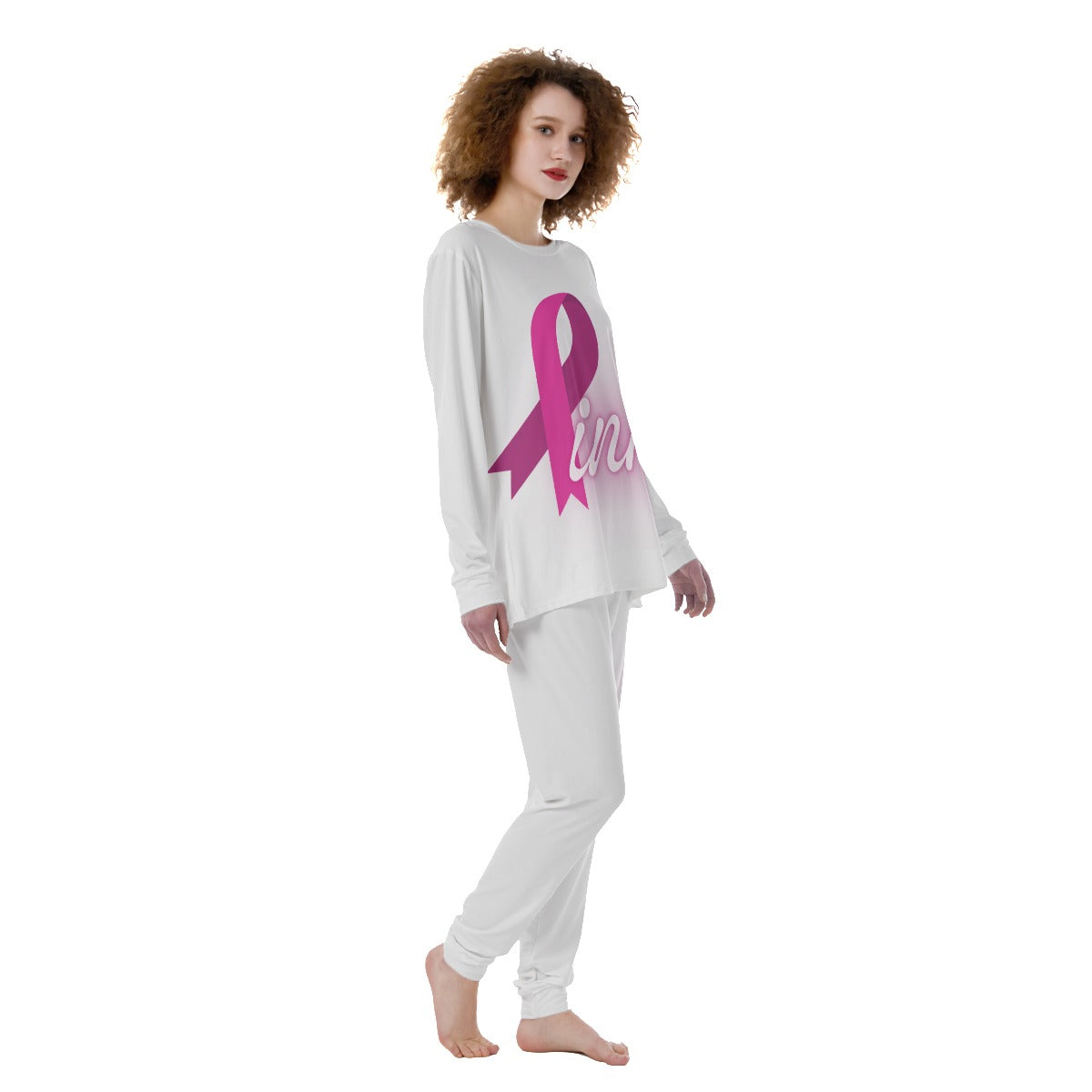 Women's Long Sleeve Pajamas Set White and Pink Breast Cancer Awareness (Designed by Dunbi) Yoycol