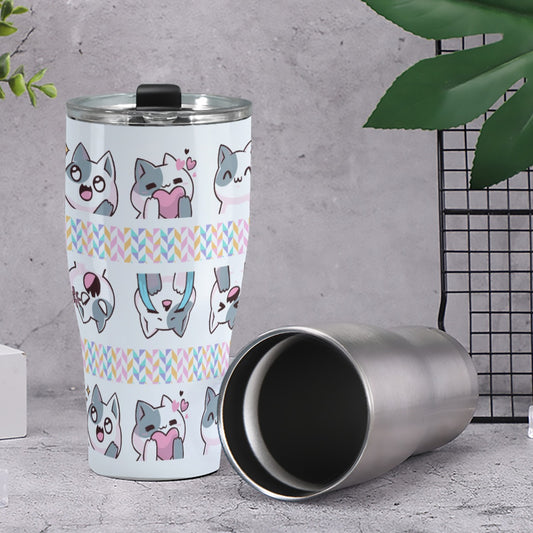 Cone Tumbler 30oz Kawaii Cat, Anime Style, Cartoon, Emotions, Happy, Sad, Angry, Laughing, White Background (Designed by Dunbi)