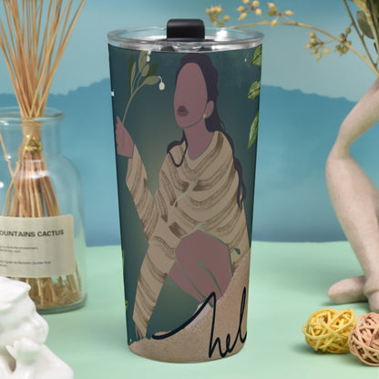 Tumbler 30oz Black Woman with Flowers, Green, Grace, Beauty (Designed by Dunbi)