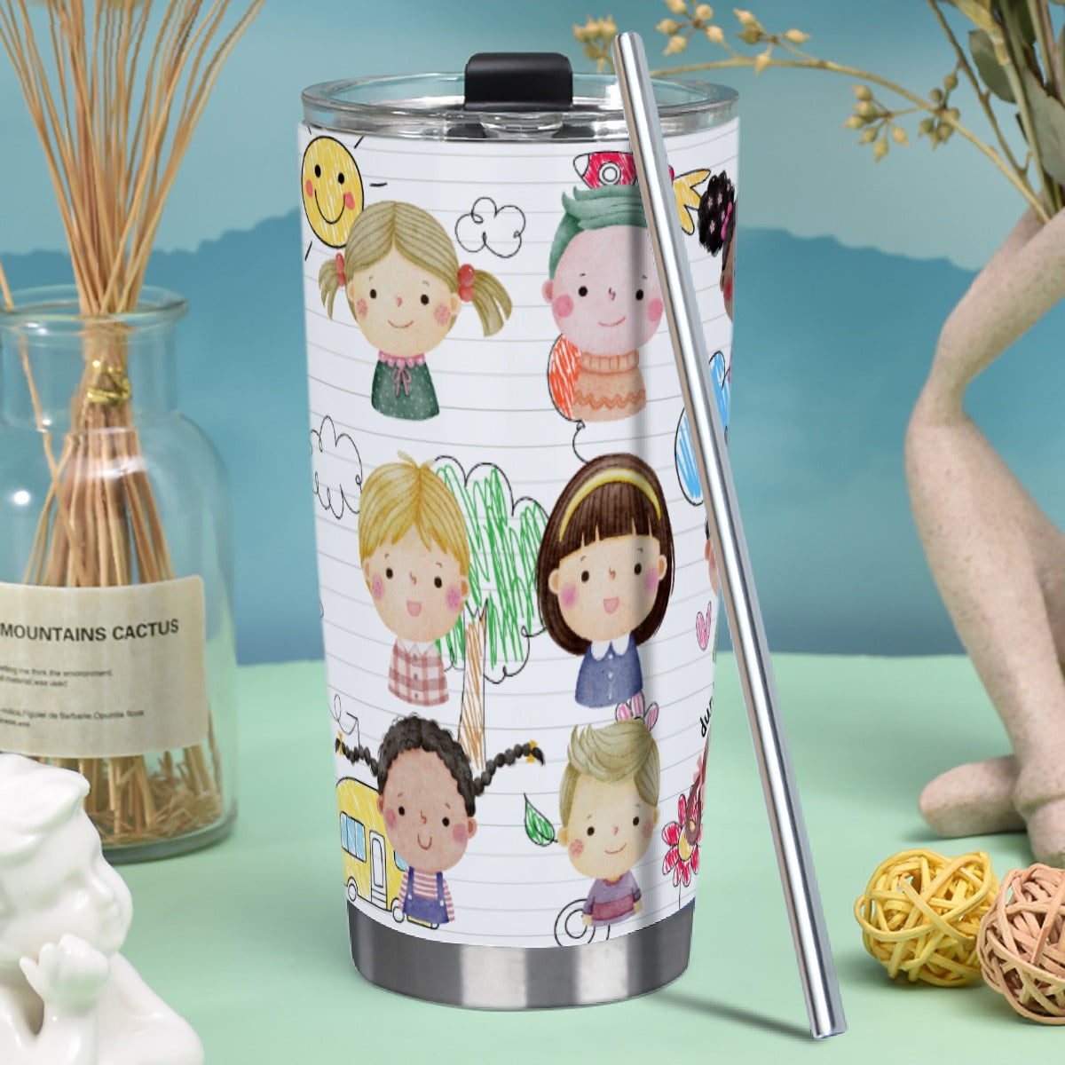 Tumbler 20oz (with Straw) Kids, Notebook, Rocket, Sun, Smiley, School Bus, Tree, Flowers, Hearts, Clouds, Nature, Children, Boys, Girls, Friendship (Designed by Dunbi)