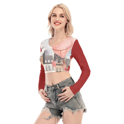 All-Over Print Women's Back Hollow T-shirt With Strap Love Up in a Hot Air Balloon, Paris, Eiffel Tower, Dove, Flowers, Girl, Sky, Hearts (Designed by Dunbi)