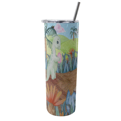 Glitter Tumbler With Stainless Steel Straw 20oz Watercolor Dinosaurs, Volcano, Grass, Dino Eggs, Cute, Triceratops. Parasaurolophus, Pterodactyl, Diplodocus, Prehistoric (Designed by Dunbi)