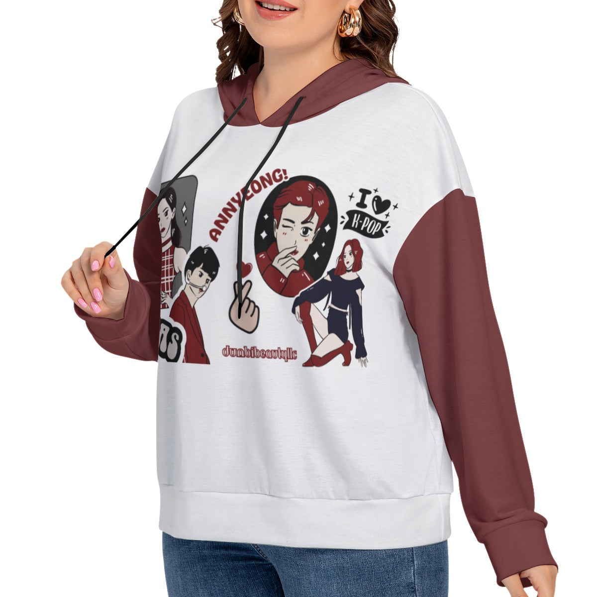 All-Over Print Women's Long Sleeve Sweatshirt With Hood(Plus Size) Kpop Inspired, Itzy, BTS, BLACKPINK, Annyeong, Bias, I Love Kpop, Marble, Black and Red, Idol Ryujin, Jin (Designed by Dunbi)